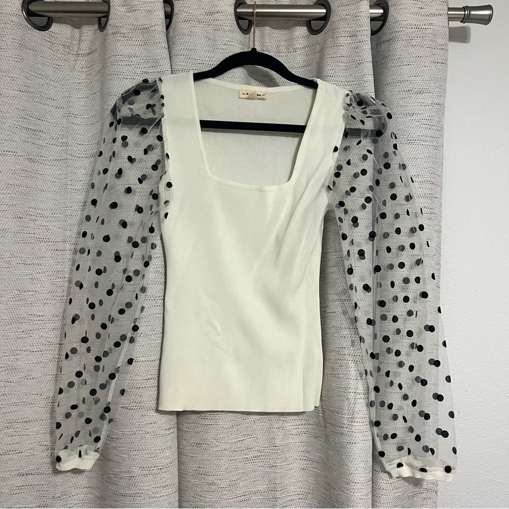 Eesome Cream Blouse with Sheer Polka Dot Sleeves